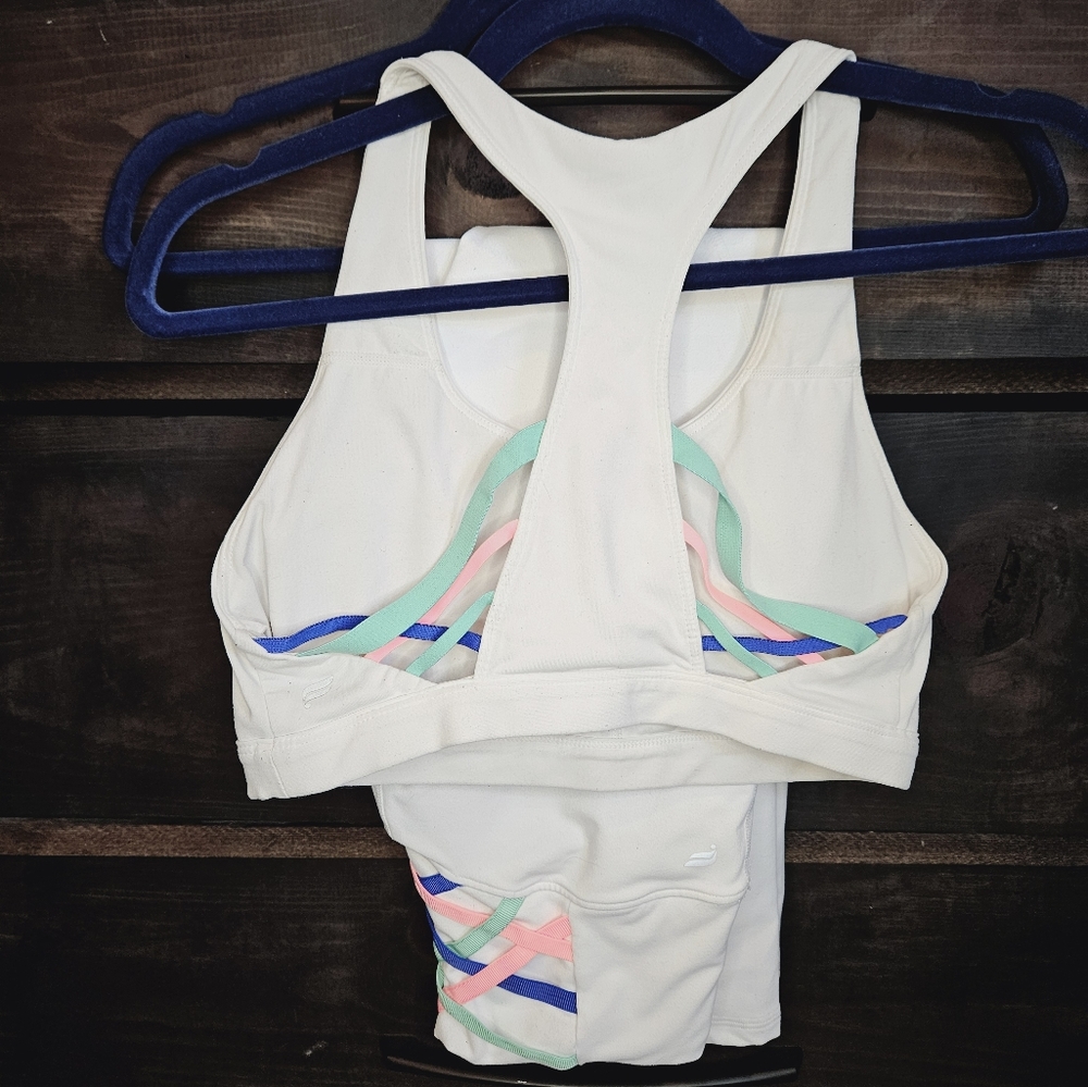 Fabletics SM matching sports bra and power hold legging set white with color